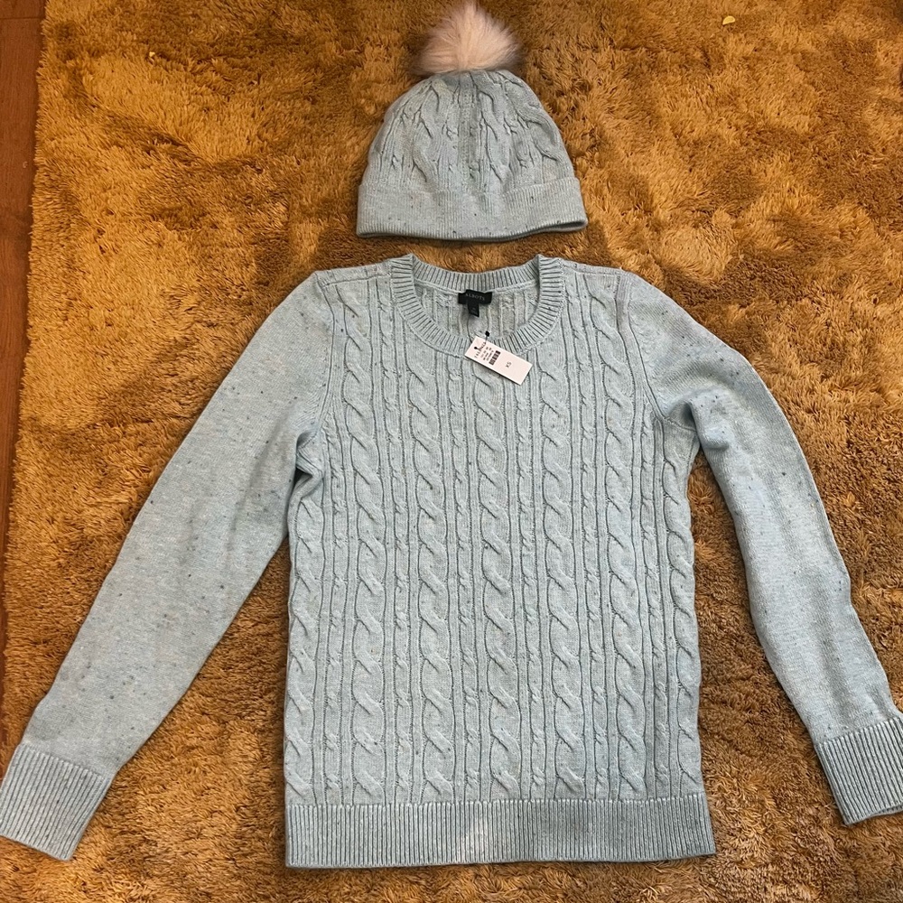 Talbots Women’s Light Blue Cable Knit Crewneck Sweater and a Matching Beanie